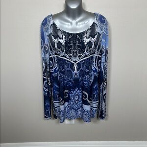 Attitudes by Renee Blue Long Sleeve Graphic Blouse